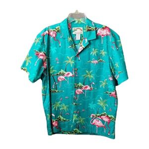 Vintage Paradise Found Men's Medium Green Pink Flamingo Hawaiian Shirt 80's